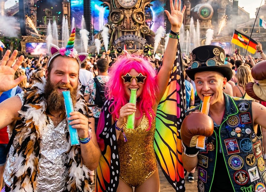 Drie festivalgangers in kleurrijke outfits eten een ijspegel in een juichende menigte.