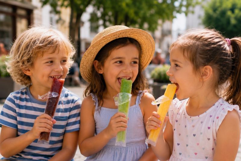 Drie kinderen delen een ijspegel op een zonnig plein.